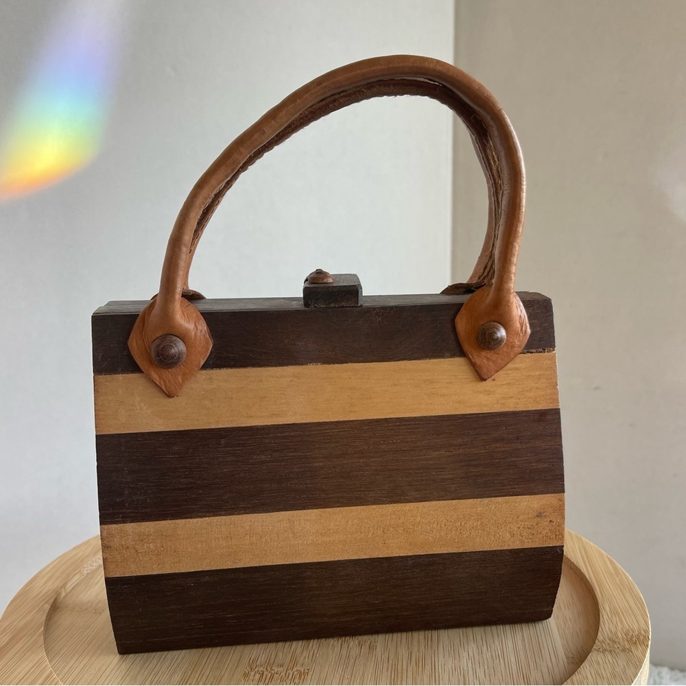 Handmade Striped Brown & Tan Wooden Top-Handle Bag